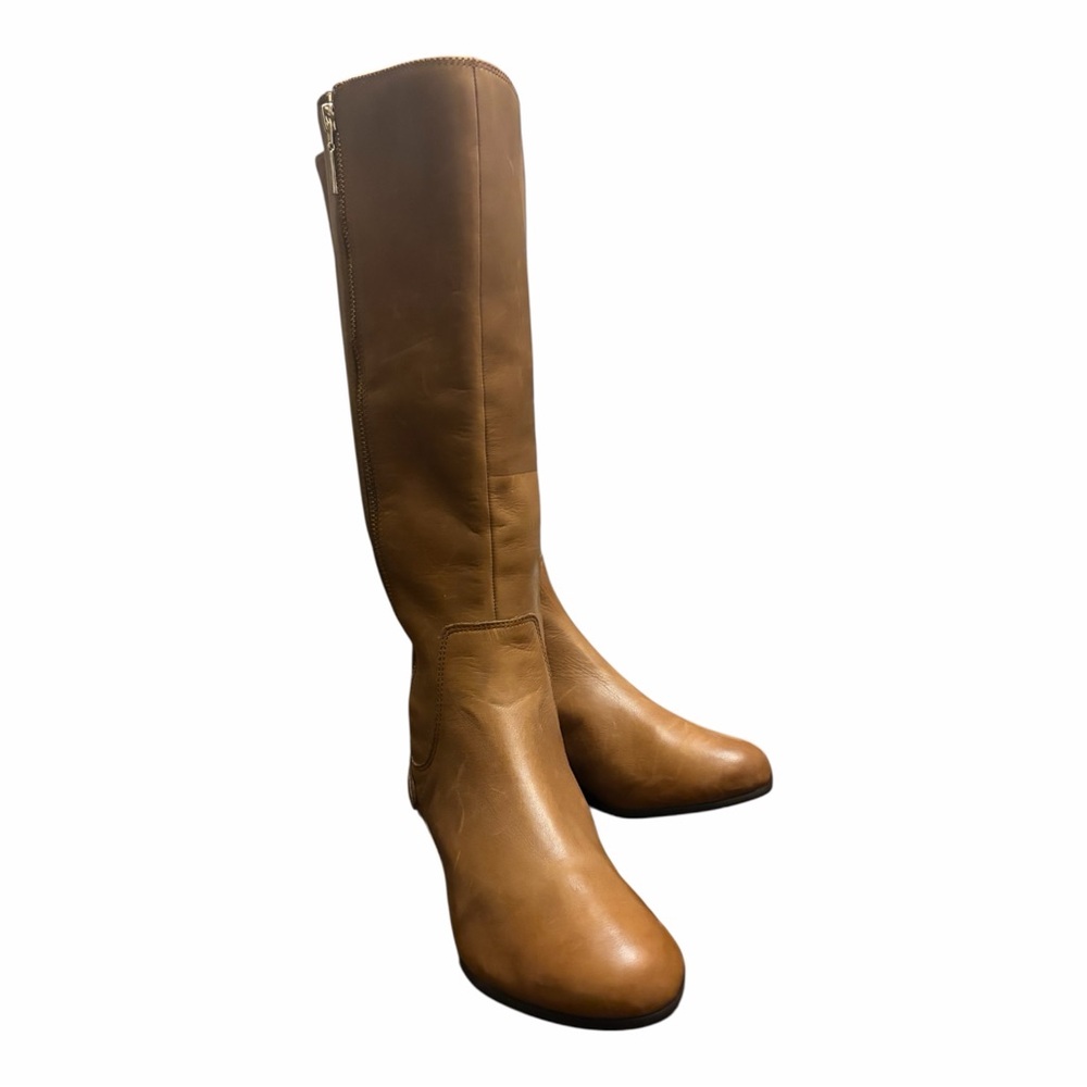 Clarks tall camel colored knee high leather riding boots. 15” shaft, low heel.